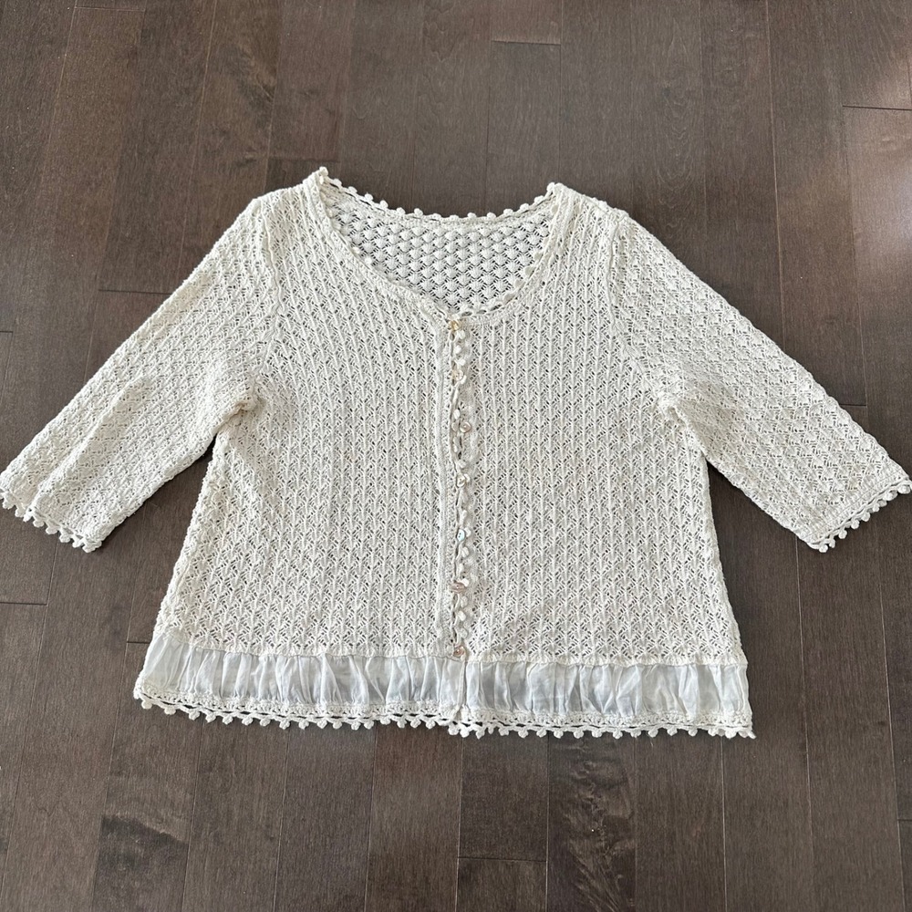 Open Knit Coquette Crochet Cardigan Linen Ruffle Cottagecore Romantic Cream M/L